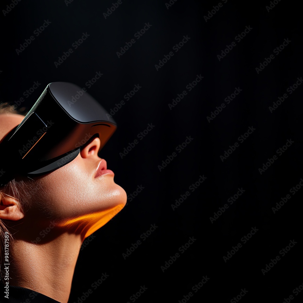 A user experiences virtual reality with a headset in a dark setting, highlighting technology and immersion.