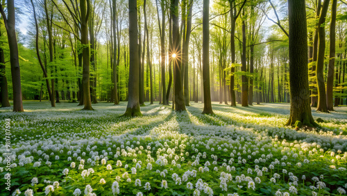Fototapeta Naklejka Na Ścianę i Meble -  Spring meadow with flowers in a hornbeam forest in Masuria, Poland , spring, meadow, flowers, hornbeam forest, Babadag, landscape