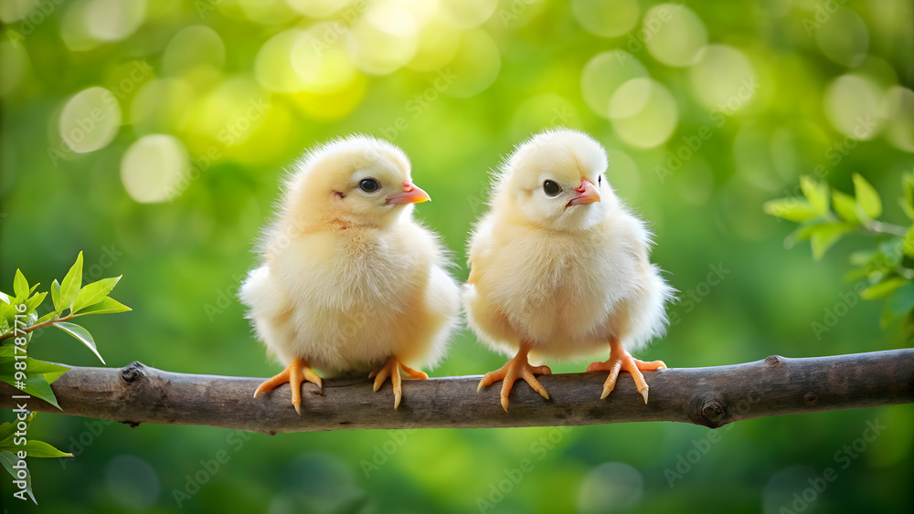 Two adorable fluffy baby chicks perched on a tree branch , cute, baby animals, chickens, fluffy, tree branch, perched Two adorable fluffy baby chicks perched on a tree branch , cute, baby animals, chickens, fluffy, tree branch, perched