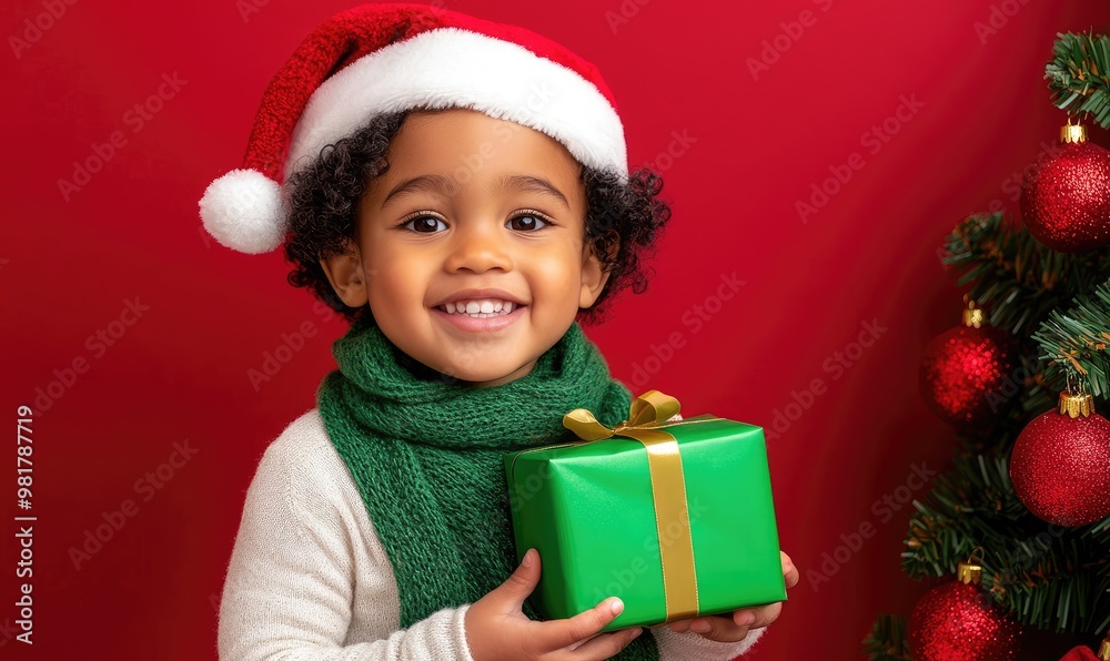 Happy Boy Holding a Christmas Present Next to a Festive Tree – Santa Hat, Green Scarf, and Holiday Cheer Happy Boy Holding a Christmas Present Next to a Festive Tree – Santa Hat, Green Scarf, and Holiday Cheer