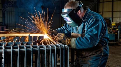 Welder working on a metal frame with protect photo