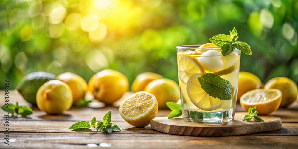 Fototapeta premium Indulge in a glass of Summer Lemonade, made with tangy lemons and refreshing mint, ideal for a bright