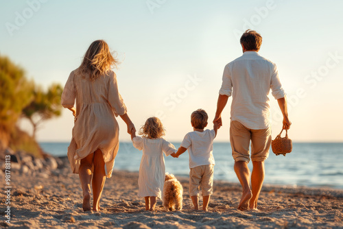 A serene beach scene showing a family of four, including parents and two children, walking with their dog during a golden sunset, highlighting family unity and tranquil beach vibes. photo