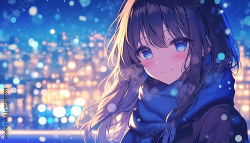 A girl with long hair, smiling and looking at the camera, wearing blue with a scarf around her neck, set against a city night view in winter, illustrated in anime style with a snowy aesthetic. photo