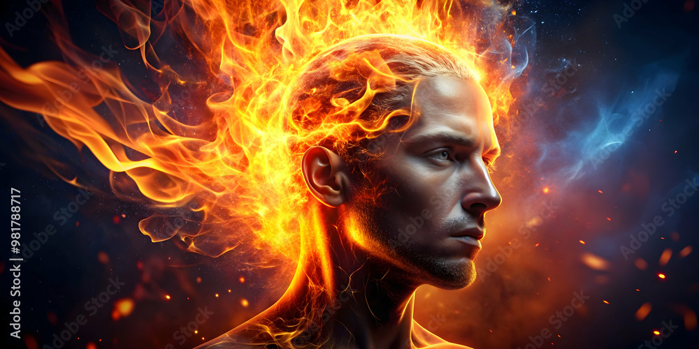 Portrait of a glowing human head surrounded by tongues of fire and flames , flames, fire, head, glowing, portrait, heat Portrait of a glowing human head surrounded by tongues of fire and flames , flames, fire, head, glowing, portrait, heat