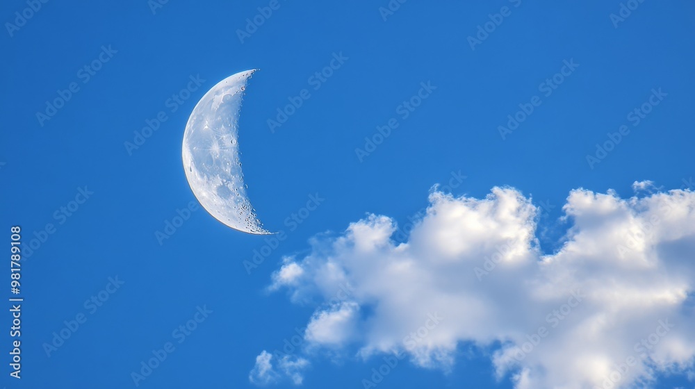 14. A peaceful blue sky with a new moon prominently displayed, bathed in sunlight and accompanied by gentle, white clouds, forming a beautiful celestial landscape 14. A peaceful blue sky with a new moon prominently displayed, bathed in sunlight and accompanied by gentle, white clouds, forming a beautiful celestial landscape