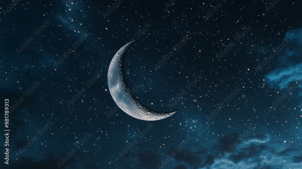 20. A captivating night sky with a crescent moon and starry backdrop, designed for a Ramadan greeting card, representing the spirituality and beauty of the holy month 20. A captivating night sky with a crescent moon and starry backdrop, designed for a Ramadan greeting card, representing the spirituality and beauty of the holy month