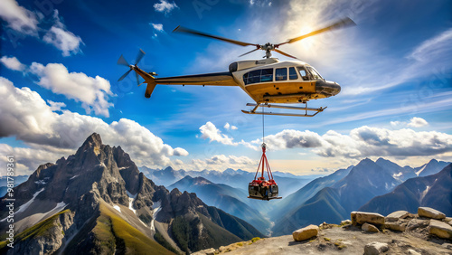 Helicopter airlifting heavy construction equipment to a remote mountain range , helicopter, airlift