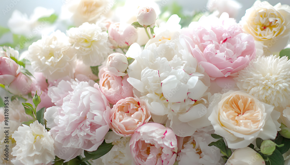 Soft, blooming peonies and roses in pastel shades, adding a delicate and feminine touch Soft, blooming peonies and roses in pastel shades, adding a delicate and feminine touch