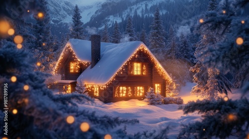 Cozy Winter Cabin in the Snowy Forest at Night