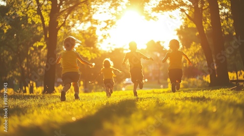 49. Kids running and playing pilot in a park, their arms outstretched and faces filled with excitement, symbolizing dreams and the carefree nature of childhood under the bright sun photo