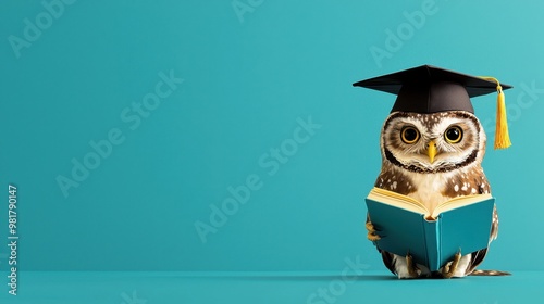 Wise Owl Graduation - A Scholarly Owl in Cap Reading a Book with Watercolor Illustration, Copy Space for Text, Symbolizing Knowledge and Education