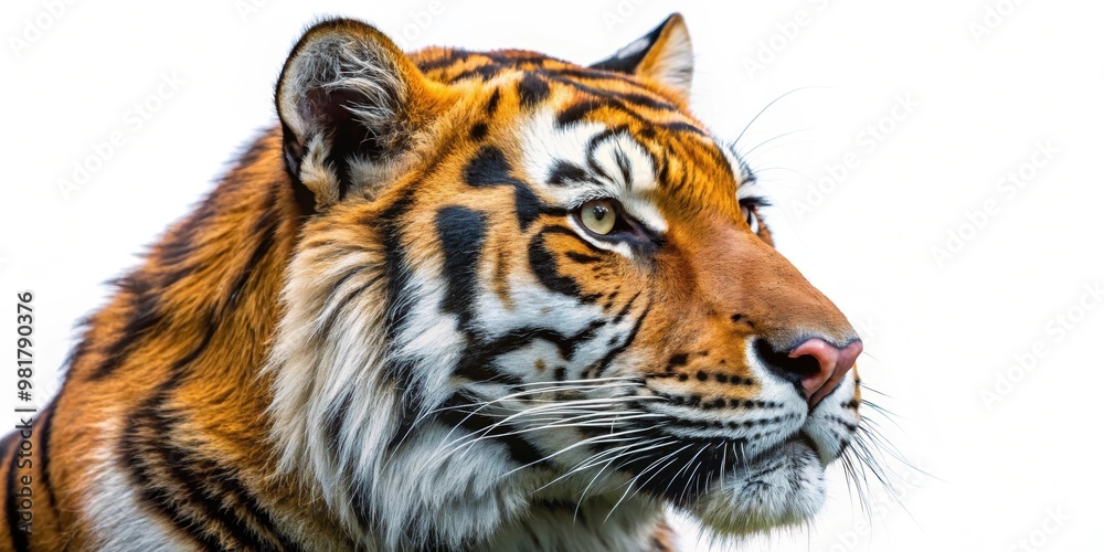 Fototapeta premium Hyper-realistic close-up side view of a tiger, tiger, wild animal, feline, detail, close-up, realistic, carnivore, stripes