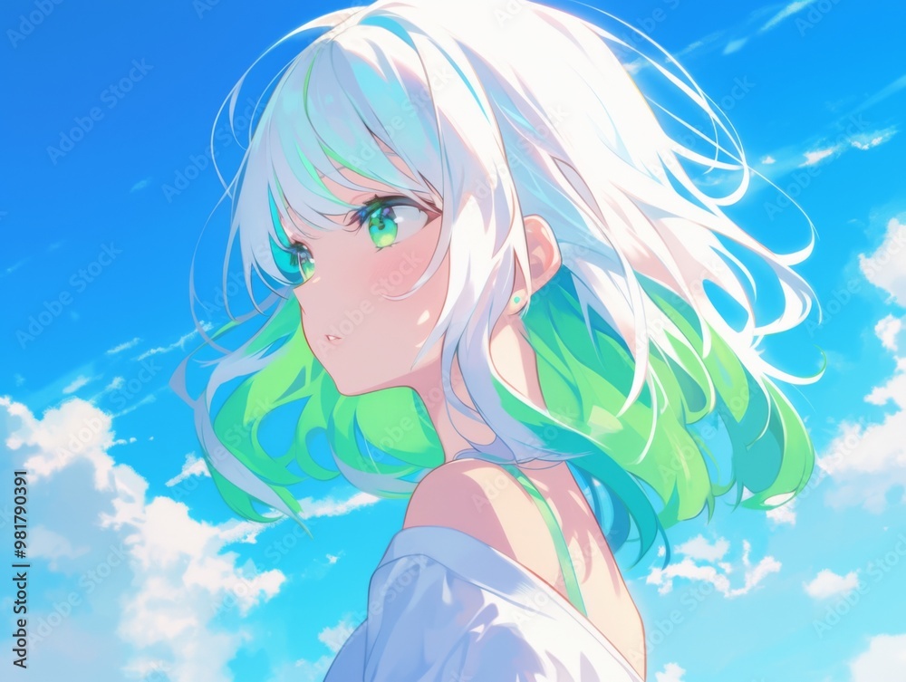 A girl with white hair and green highlights, wearing light blue, illustrated in anime art style against a blue sky background. This high-detail portrait features a cute face with wind blowing A girl with white hair and green highlights, wearing light blue, illustrated in anime art style against a blue sky background. This high-detail portrait features a cute face with wind blowing