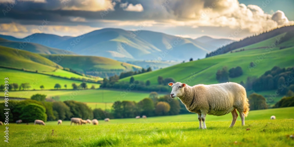 Naklejka premium Serene sheep grazing in lush green field with hills in background, farm, agriculture, rural, countryside, spring, livestock
