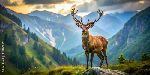 A majestic deer standing in the mountains surrounded by nature, wildlife, nature, mountains, landscape, beauty, animal, mammal