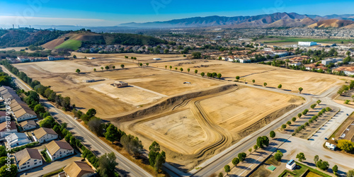 Aerial view of graded dirt lots ready for new tract home construction in Los Angeles County California , aerial
