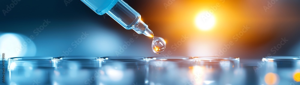 Close-up of a dropper releasing a liquid droplet, highlighting precision in scientific research and laboratory techniques. Close-up of a dropper releasing a liquid droplet, highlighting precision in scientific research and laboratory techniques.