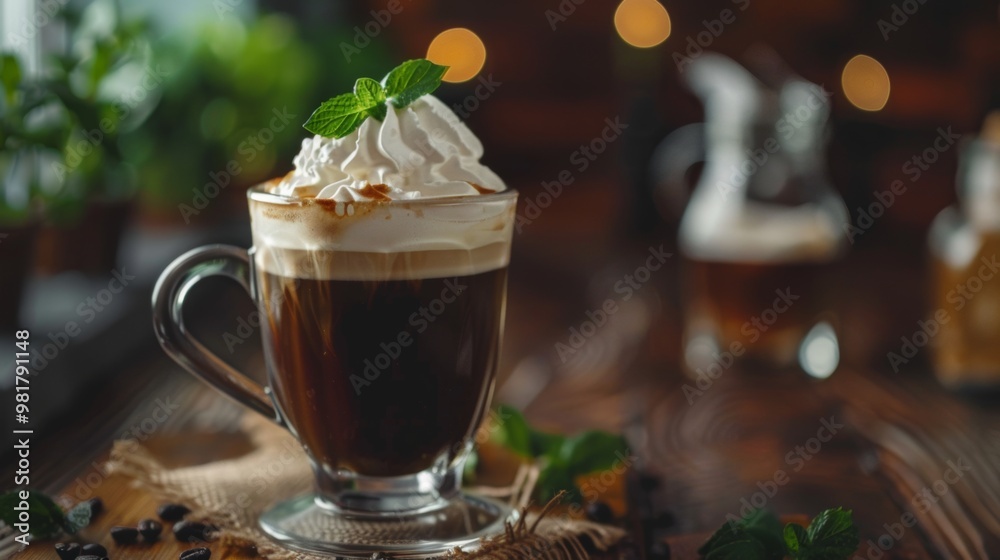 Cozy Winter Coffee or Cocoa Drink with Whipped Cream Topping in Rustic Mug on Wooden Table Cozy Winter Coffee or Cocoa Drink with Whipped Cream Topping in Rustic Mug on Wooden Table