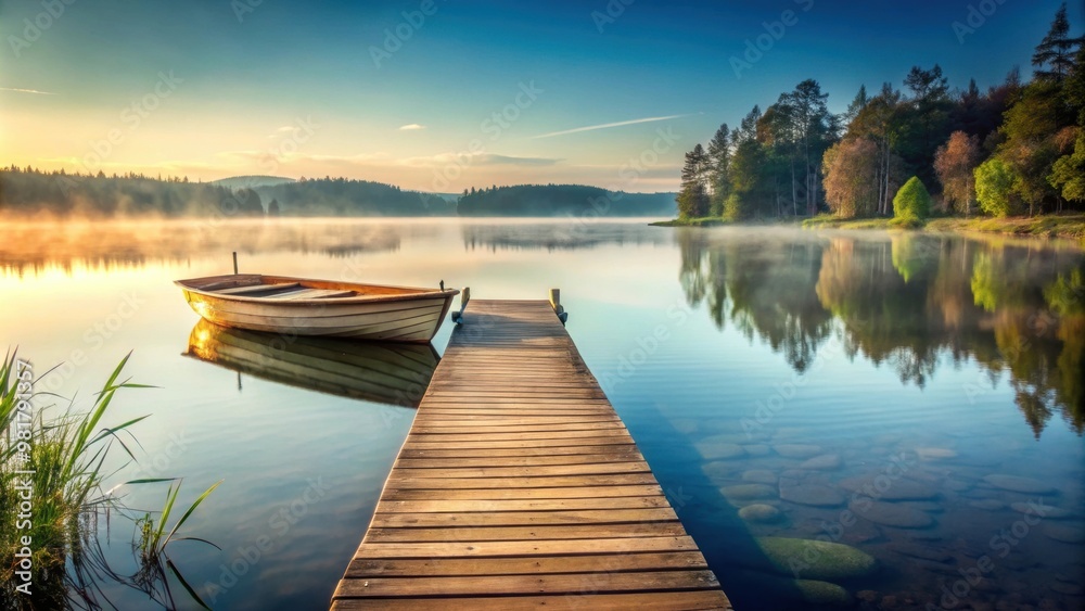 Obraz premium Small wooden dock and boat floating peacefully on a tranquil lake, nature, water, peaceful, serene, reflection, wooden, pier