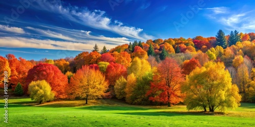 Autumn landscape with colorful trees under a clear blue sky, autumn, landscape, trees, leaves, colorful, nature, season