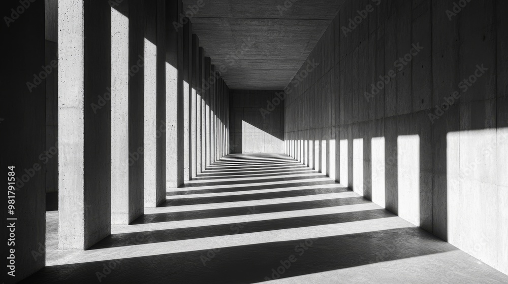 Fototapeta premium 93. Detailed view of a modern concrete hall, with shifting sun shadows creating an ever-changing pattern on the minimalist surfaces, emphasizing the harmony of light and architecture