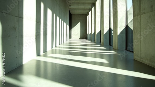 92. Sunlight casts dynamic shadows in a sleek, contemporary concrete hallway, with the changing light patterns creating a sense of movement and architectural elegance