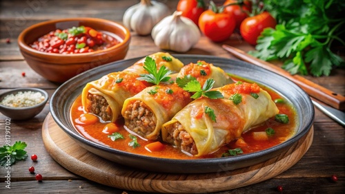 Traditional Polish cabbage rolls with minced meat, rice, and vegetables in tomato sauce , Polish, food, Golabki photo