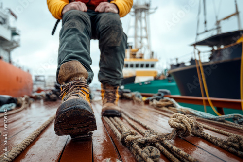 A worker wearing battered boots stands on a ship deck filled with ropes, with a bustling dock featuring ships and industrial surroundings in the background.