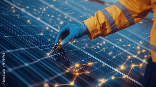 98. The hand of a maintenance engineer gently touching a solar panel, accompanied by VFX visuals of energy flow, illustrating the efficiency and sustainability of solar power photo