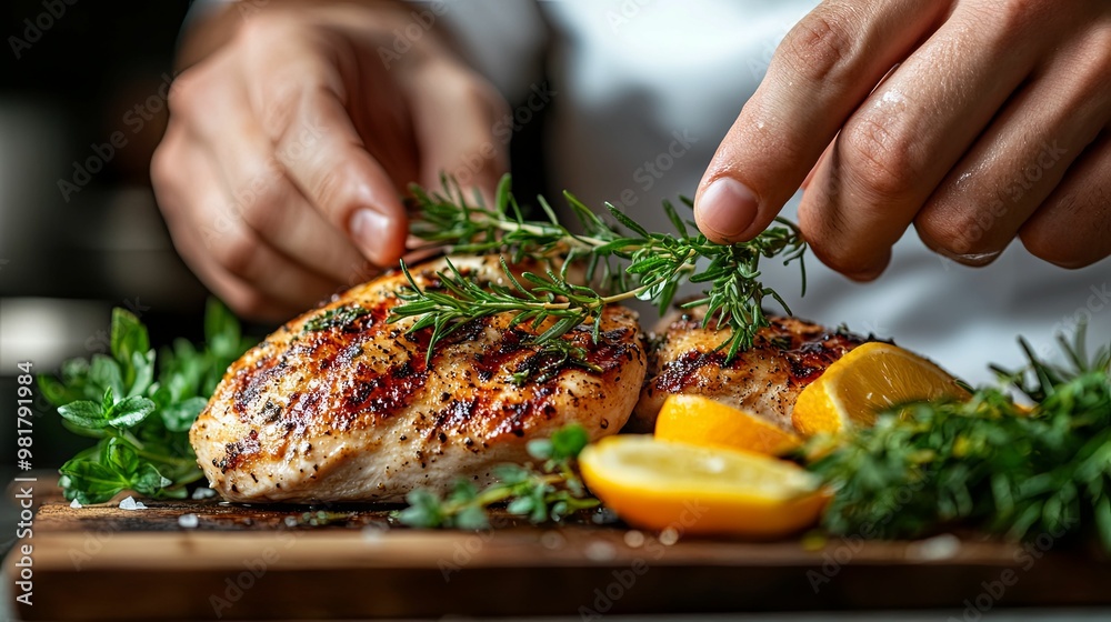Close-up of Chef's Hands Arranging Rosemary and Lemon on Grilled Chicken Breast Close-up of Chef's Hands Arranging Rosemary and Lemon on Grilled Chicken Breast
