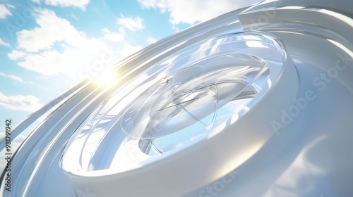 104. A modern white clock showing the movement of time, with reflections of the sun and sky adding a dynamic visual element, captured in a detailed timelapse photo