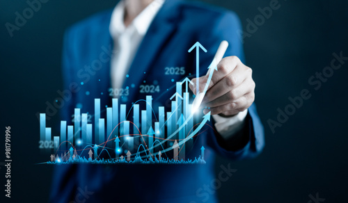 Businessman analyze to arrow up virtual to forecast and analyze the stock market and economic with virtual chart,  trend upside business market growth, investments and financial concept. photo