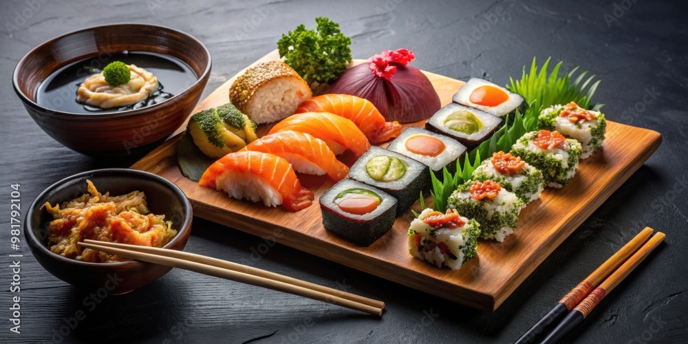 Japanese food combo with sushi, sashimi, miso soup, and tempura on a black background, Japanese, food, combo Japanese food combo with sushi, sashimi, miso soup, and tempura on a black background, Japanese, food, combo