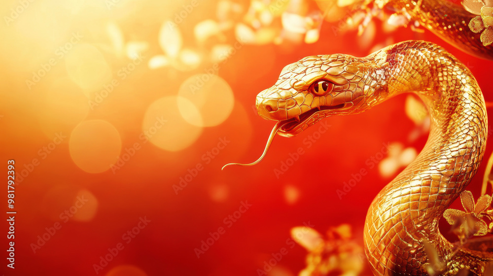 Obraz premium A close-up of a shimmering golden snake, highlighting its radiant scales and intense gaze against a rich red backdrop, exuding mystery and allure. 2025 year of the snake. Copy space for your text.