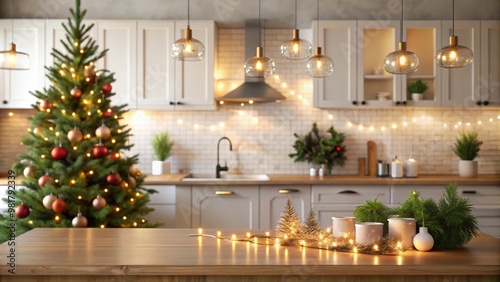 Festive kitchen with Christmas tree and lights in the background, festive, Christmas tree, lights, cozy, decorated, holidays