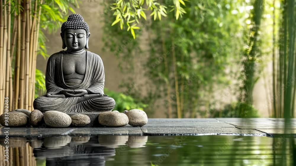 Serenity in Stone: Buddha Statue with Pebbles and Bamboo Serenity in Stone: Buddha Statue with Pebbles and Bamboo