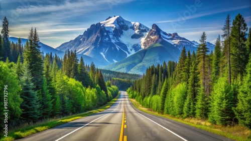 Asphalt highway road cutting through lush green forest with majestic mountains in the background under clear blue sky, asphalt