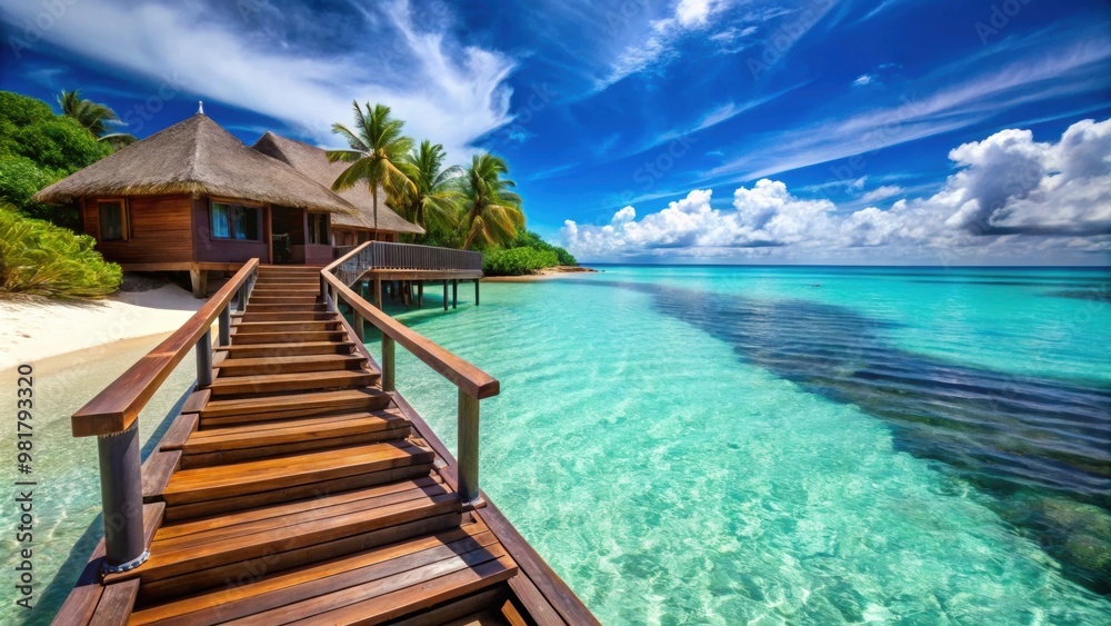 Obraz premium Villas on a tropical beach with steps leading into clear blue water, villas, tropical beach, steps, water, ocean