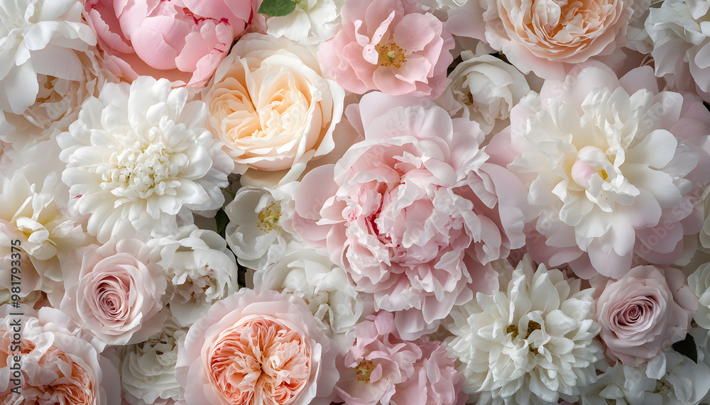 Soft, blooming peonies and roses in pastel shades, adding a delicate and feminine touch Soft, blooming peonies and roses in pastel shades, adding a delicate and feminine touch