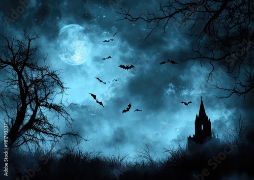 A dark sky with a full moon and bats flying in the background photo