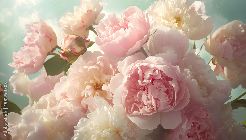 Soft, blooming peonies and roses in pastel shades, adding a delicate and feminine touch Soft, blooming peonies and roses in pastel shades, adding a delicate and feminine touch