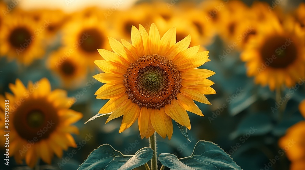 Fototapeta premium Sunflower Field Yellow Flower Summer Nature Golden Petals Close Up