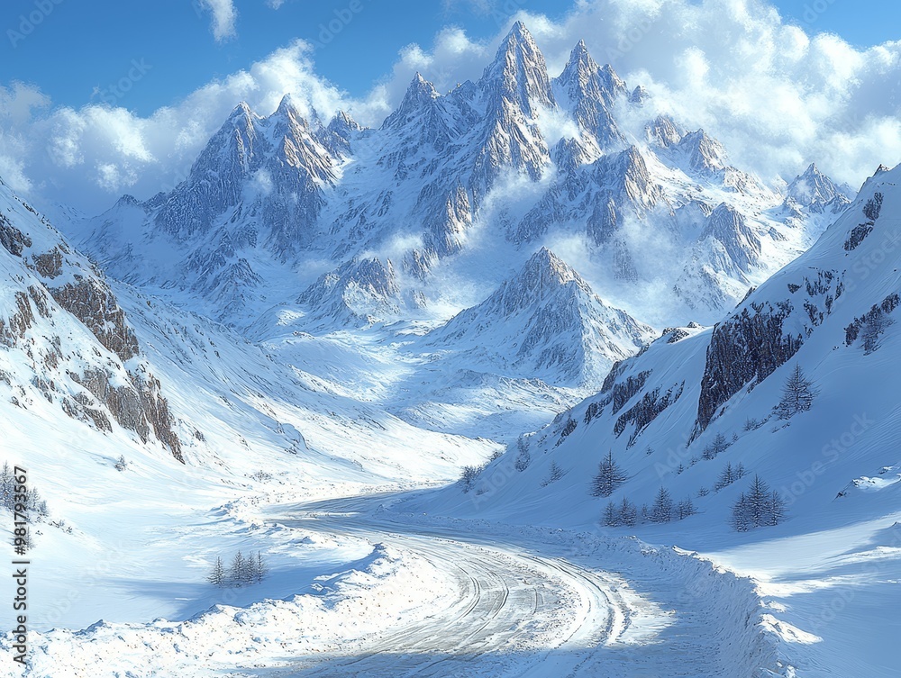Snowy Mountain Road Landscape