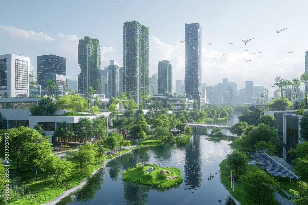 Fototapeta premium A futuristic cityscape featuring green architecture and a serene river.
