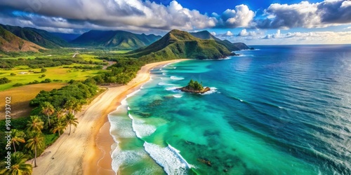 Aerial view of Papaoneone beach on the West coast of Oahu, Hawaii, showcasing the turquoise waters and sandy shore photo