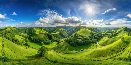 360 degree panoramic view of lush green hills landscape, green, hills, landscape, panorama, VR, virtual reality