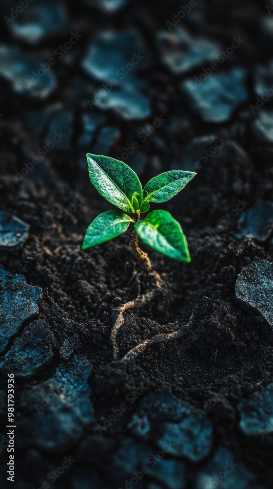 Naklejka premium Green sprout emerging from cracked dry soil