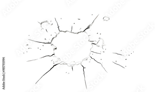A cracked window with a hole in the middle