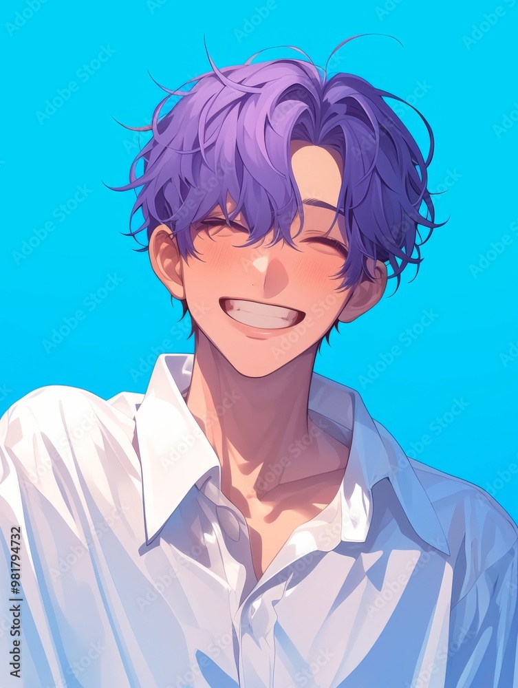 A handsome anime-style character with purple hair wearing white pajamas, smiling happily against a serene blue background A handsome anime-style character with purple hair wearing white pajamas, smiling happily against a serene blue background
